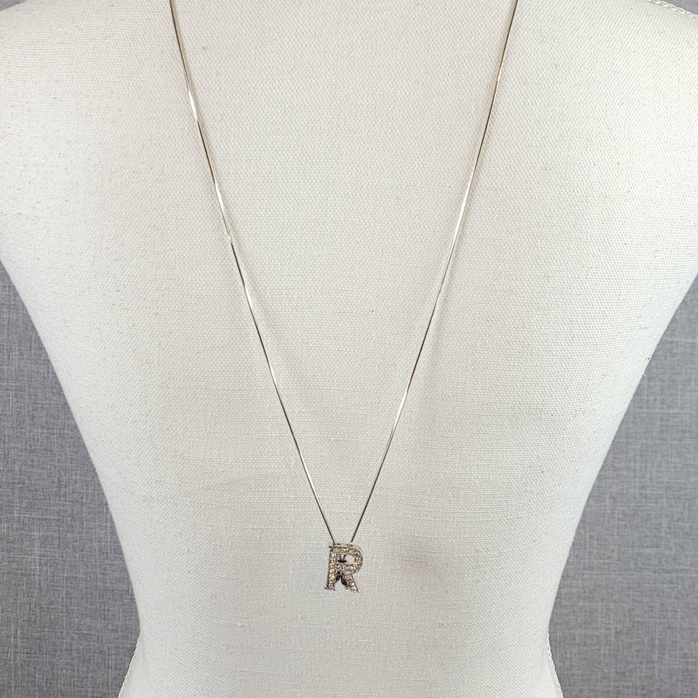 Silver Tone Initial Letter "R" Rhinestone Pendant Snake Chain Necklace